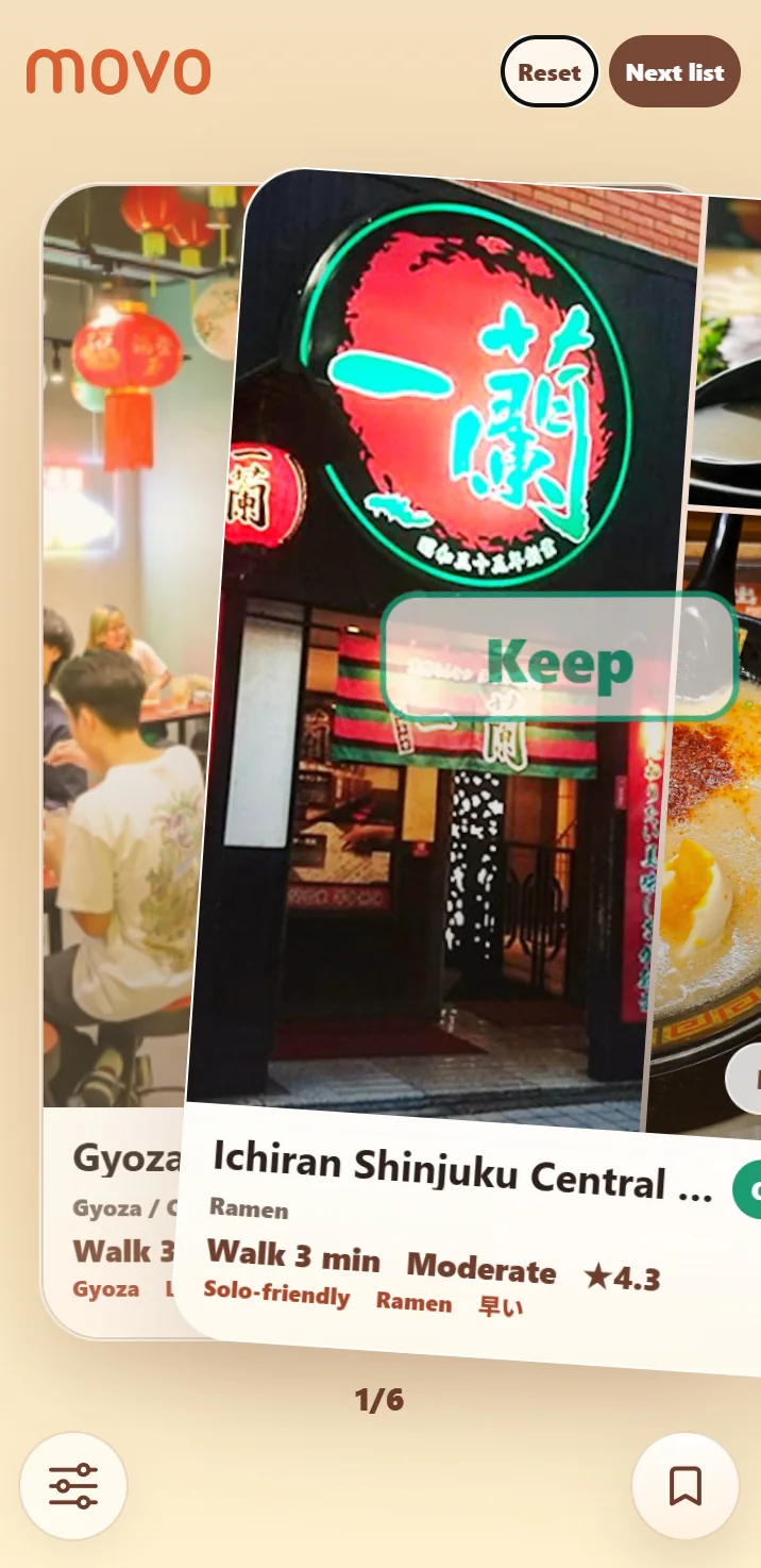 Movo app screen showing a nearby restaurant card and swipe controls